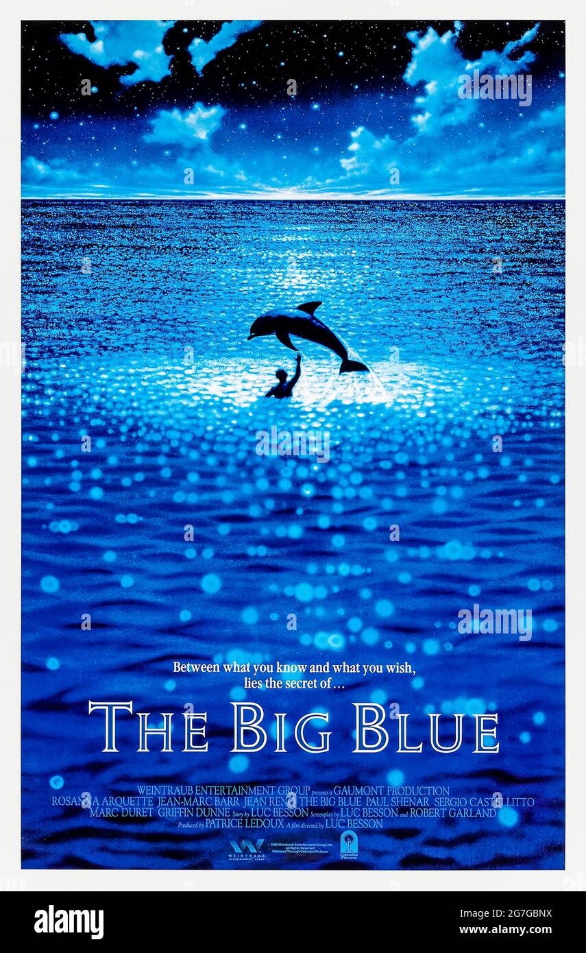 The Big Blue (1988) directed by Luc Besson and starring Jean-Marc Barr, Jean Reno and Rosanna Arquette. French cult film about the rivarly between 2 childhood friends who become champion free divers. Stock Photo