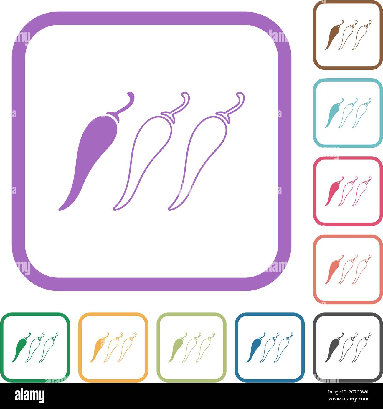 Mild chili pepper level simple icons in color rounded square frames on ...