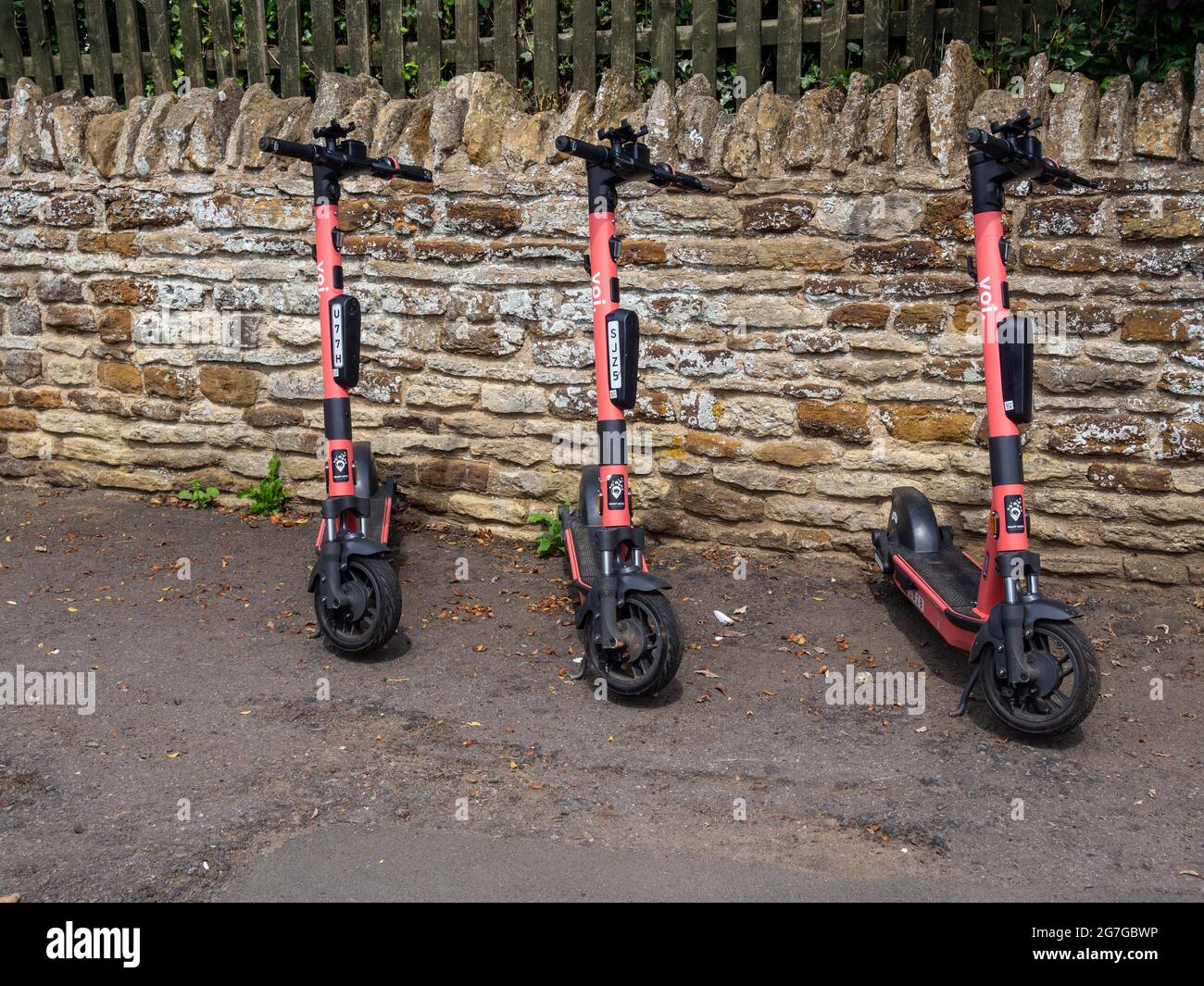 Voi E-scooters, Wootton, Northampton, UK; part of a trial initiated by the local council to promote alternative transport. Stock Photo