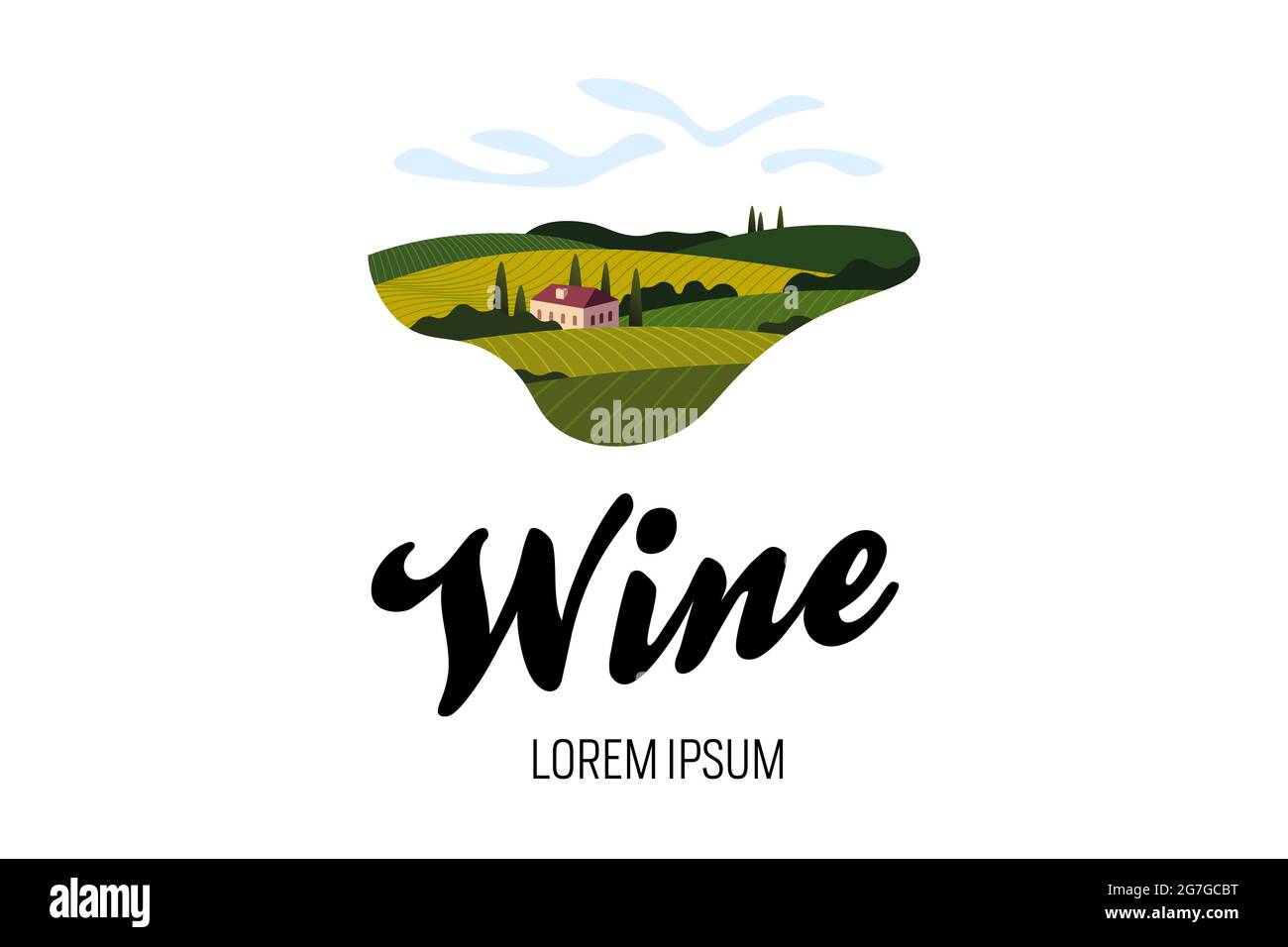 Vineyard wine grape hill farm logo concept. Romantic rural landscape in sunny day with villa, vineyard fields, plantation hills, farms, meadows and trees. Vector eps color creative sign illustration Stock Vector