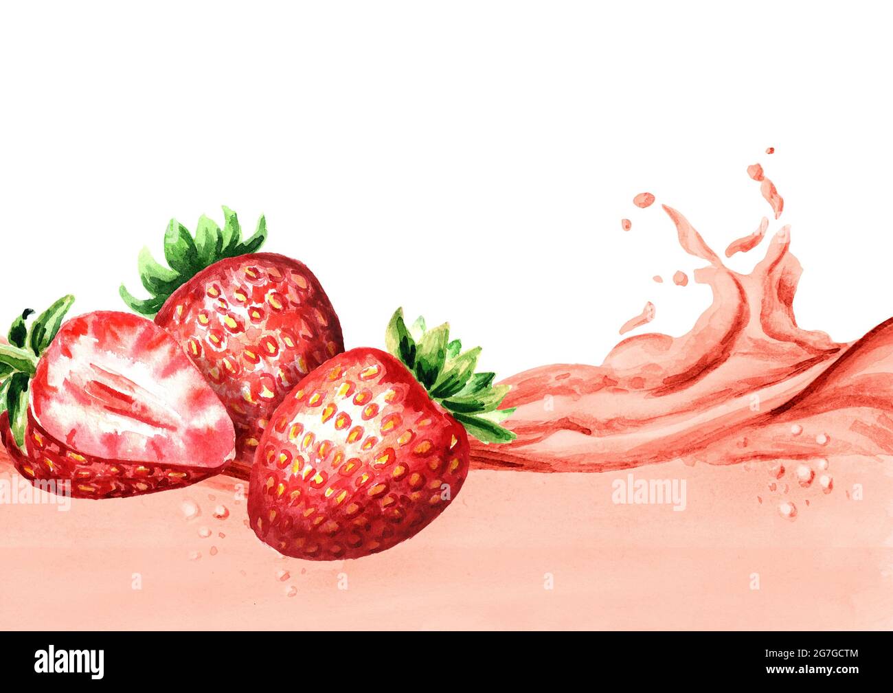 Fresh strawberries on a wave of strawberry juice, watercolor hand drawn