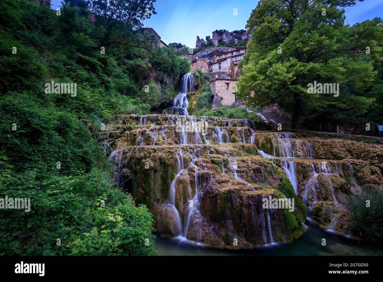 Waterfall in Orbaneja del Castillo, a village surrounded by a karstic landscape. Burgos Stock Photo