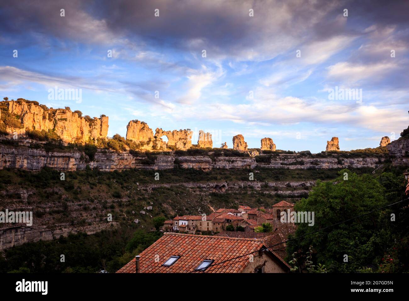 Panoramic view at sunset over Orbaneja del Castillo, a village surround by a karstic landscape. Burgos. Spain Stock Photo