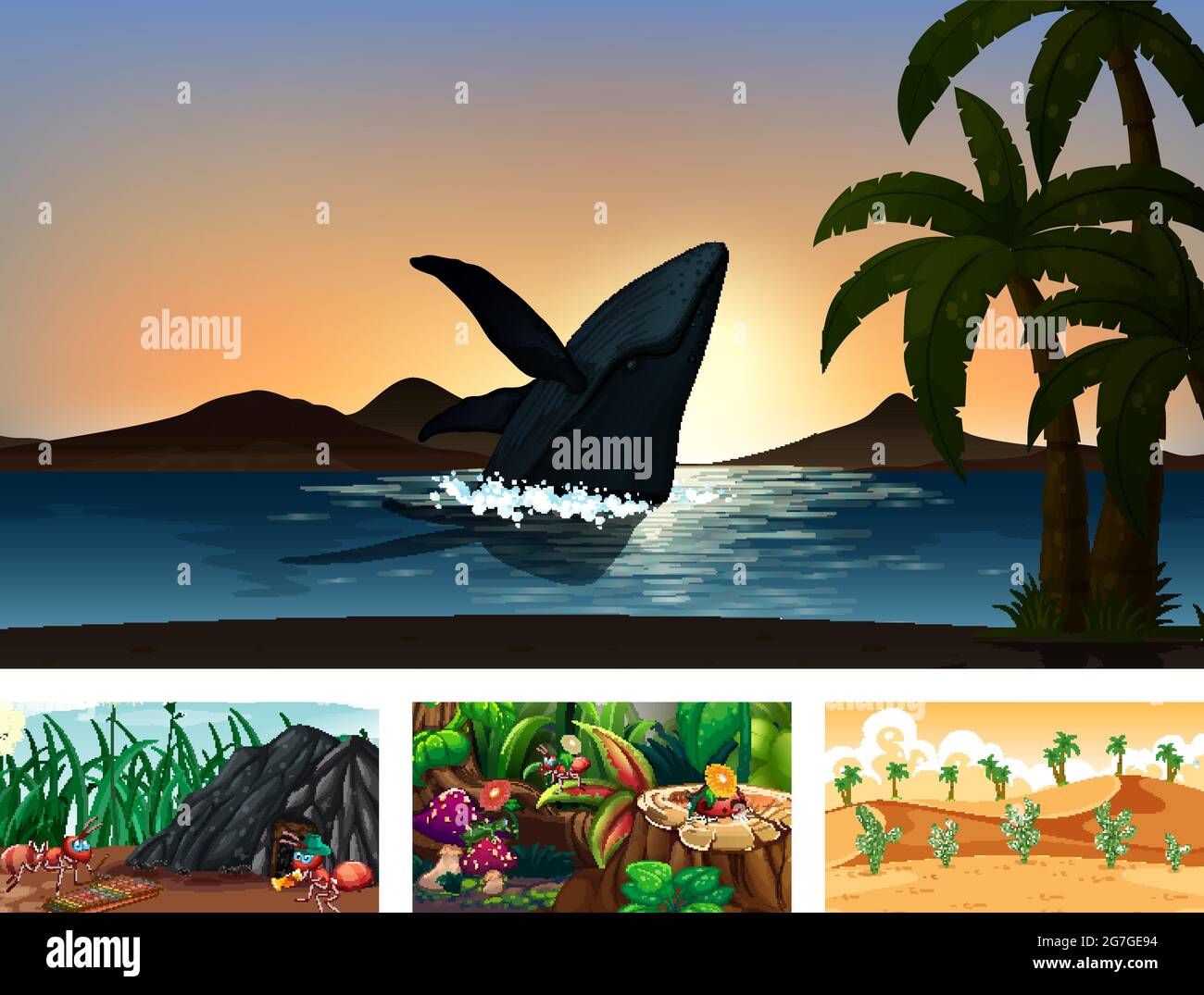 Four different nature horizontal scene  illustration Stock Vector