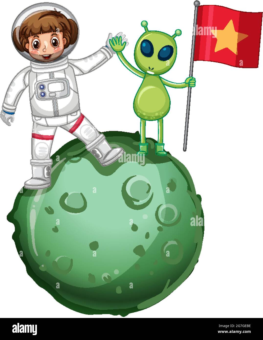 Astronaut standing on a planet and holding flag illustration Stock ...