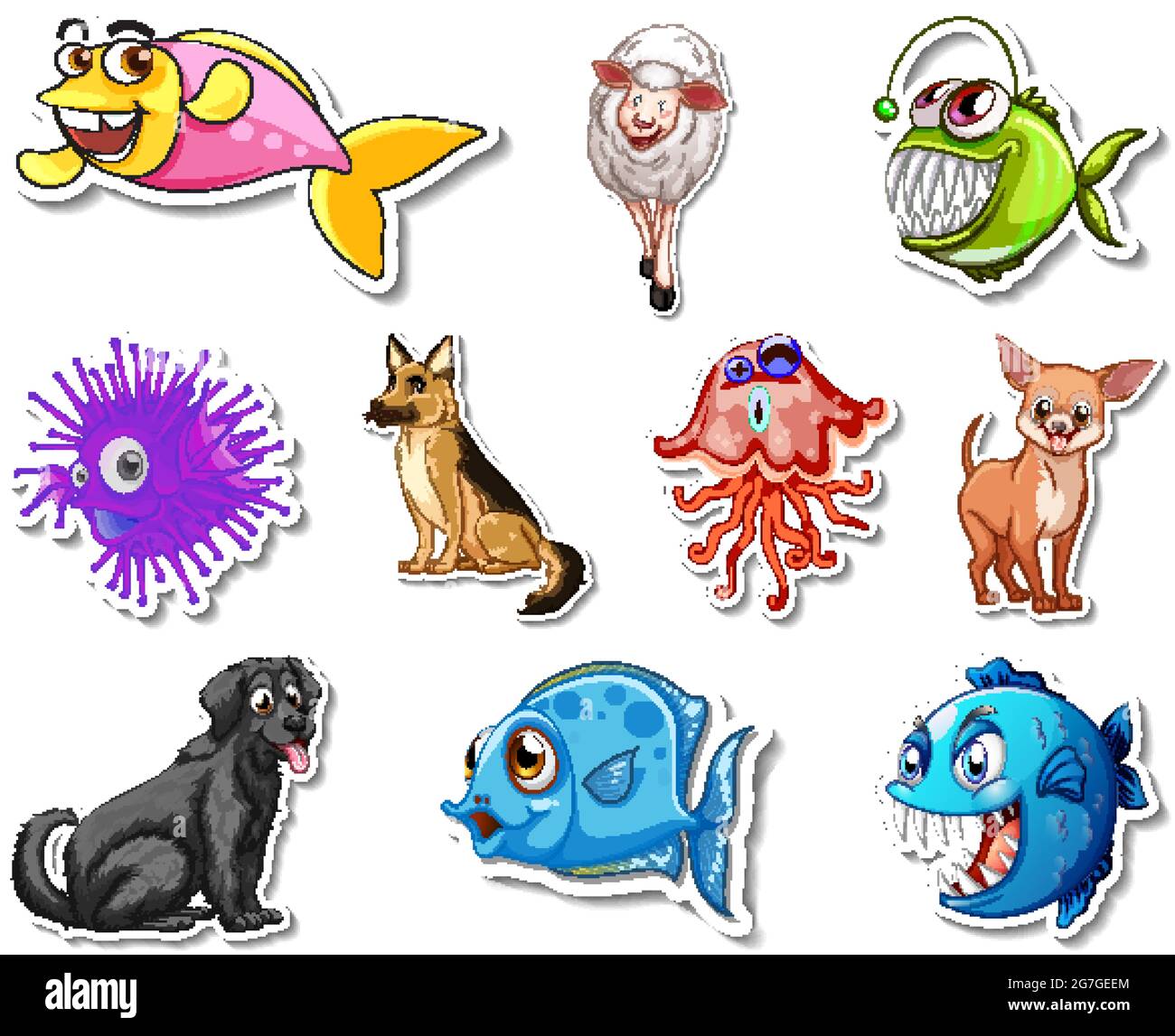 Set of stickers with sea animals and dogs cartoon character illustration  Stock Vector Image & Art - Alamy