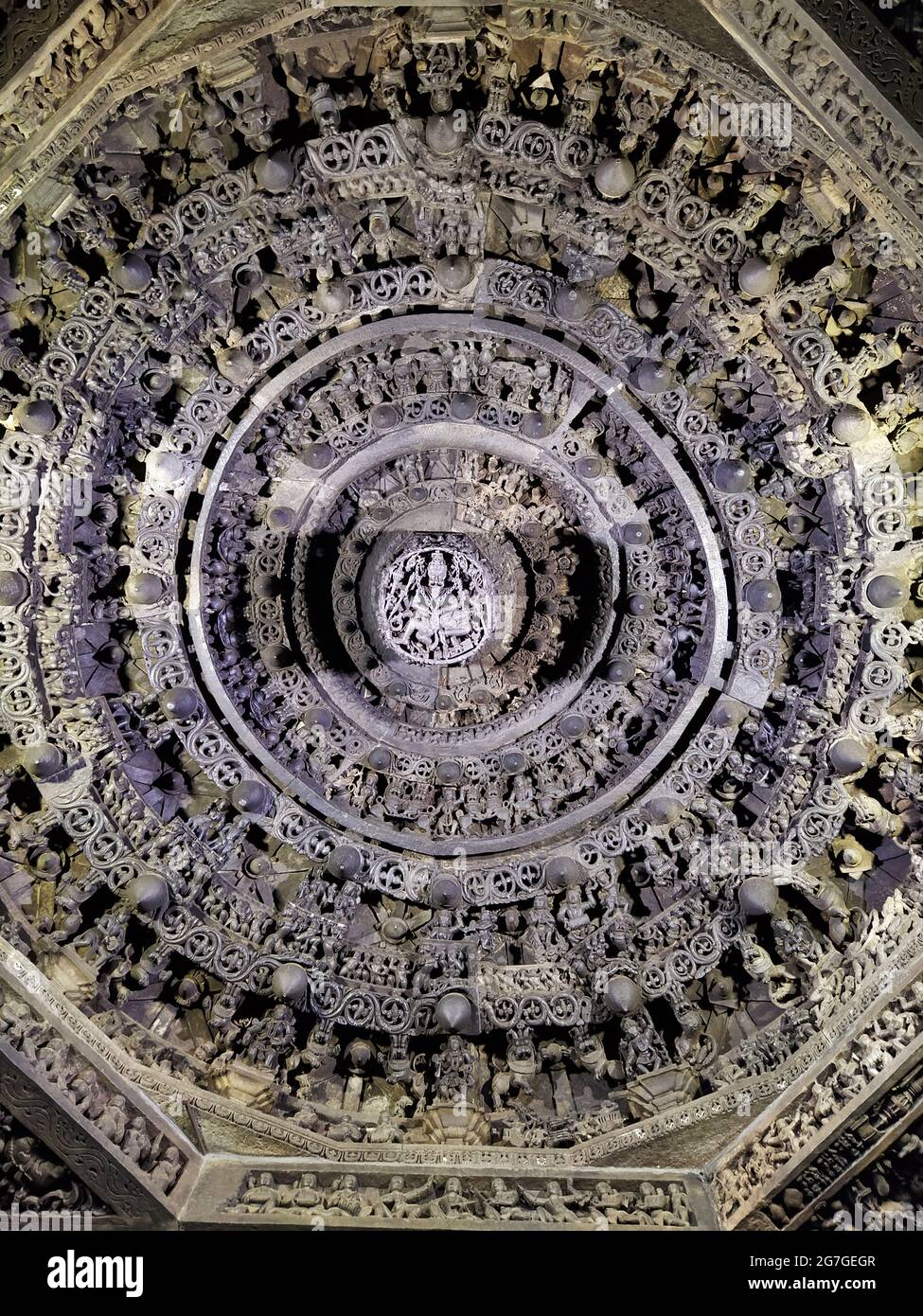 Ugra Narasimha Carving on ceiling stone of Chennakesava Temple, Belur, Karnataka, India Stock Photo