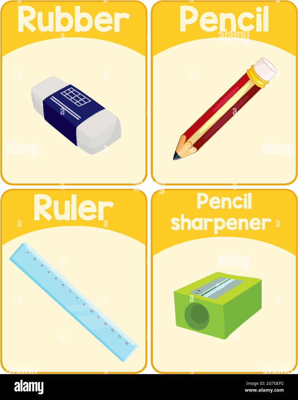 Educational English word card of stationery set illustration Stock