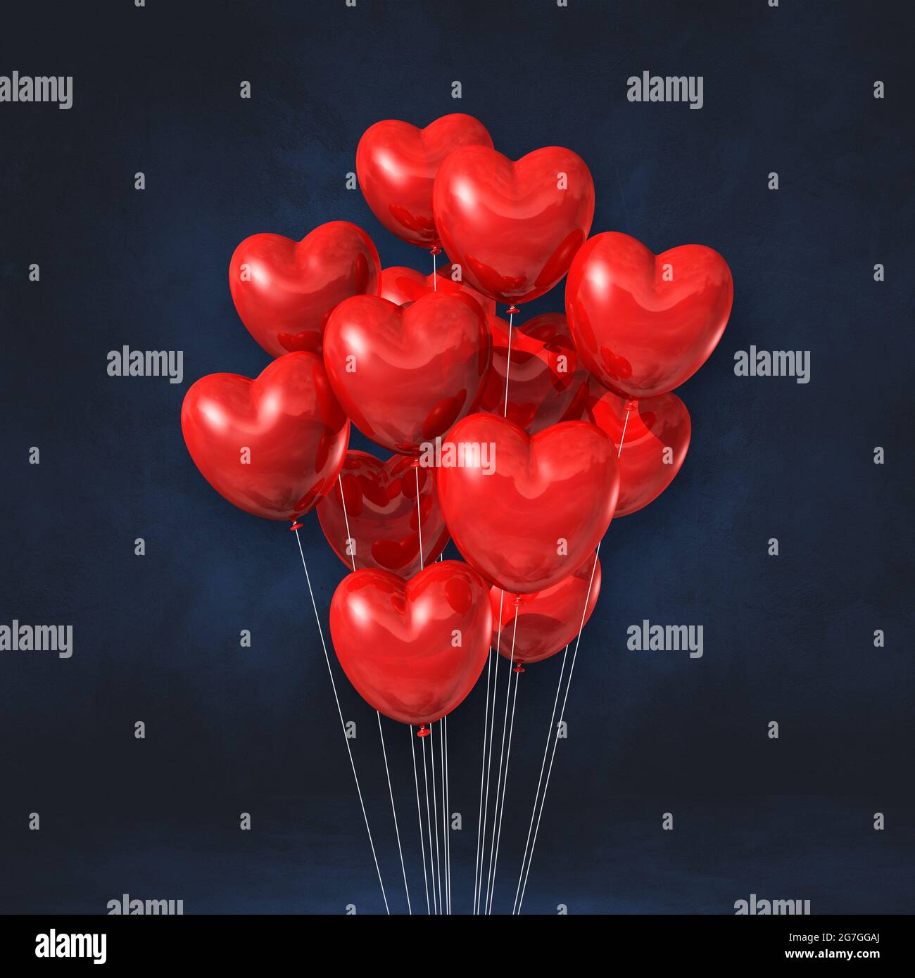 Red heart shape balloons bunch on a black wall background. 3D ...