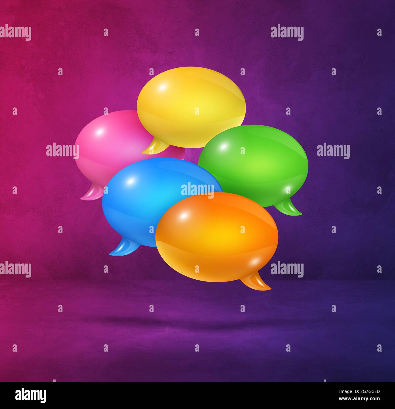 3D multicolor speech bubbles isolated on purple square background Stock ...
