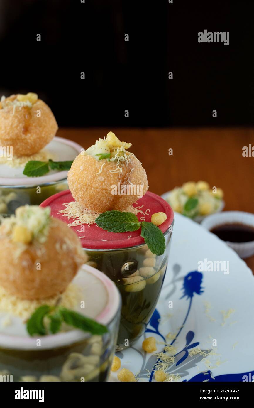 Food Photography of Indian street food, Pani-Puri, Ahmednagar, Maharashtra, India Stock Photo