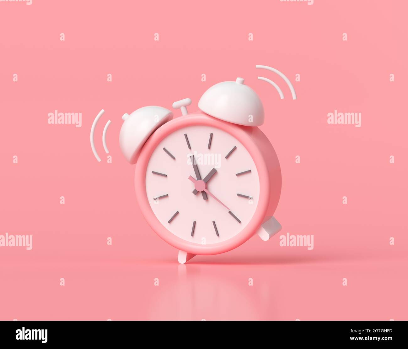 Minimal Pink alarm clock on pink background. 3D render illustration