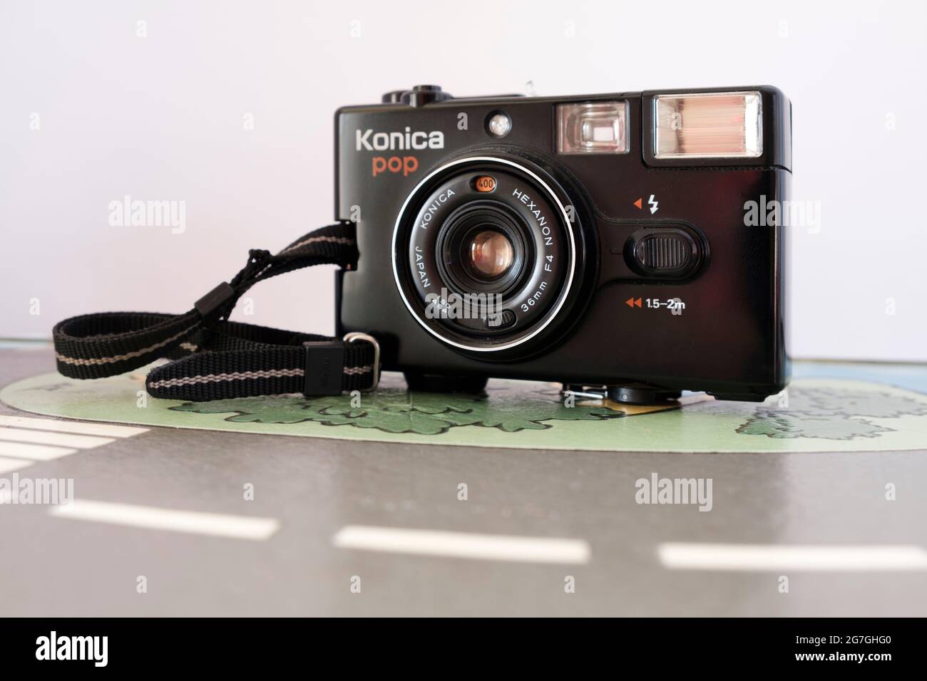 Konica Pop 1982 japanese 35mm film camera with high quality Hexanon lens , a symbol of pocket size analogue cameras Stock Photo