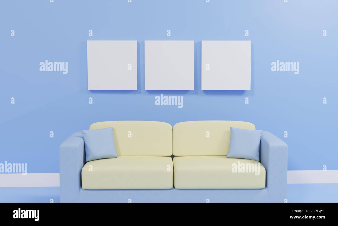 Minimalist living room with sofa against blue wall, 3d rendering Stock
