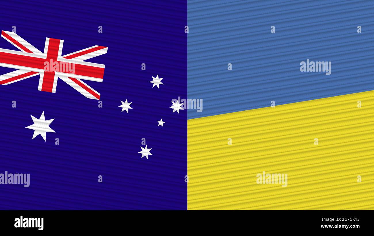 Ukraine and Australia Two Half Flags Together Fabric Texture Illustration Stock Photo