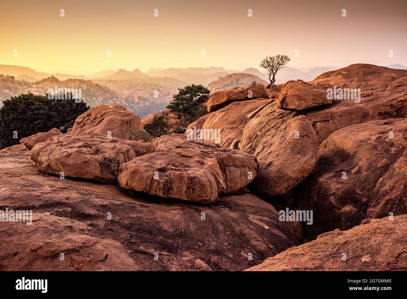 Sunset view of Kishkinda, Anjanadri Hill, (Monkey Temple) Anjaneya Parvat, the birthplace of Hanuman God, Hampi, Karnataka, India. Stock Photo