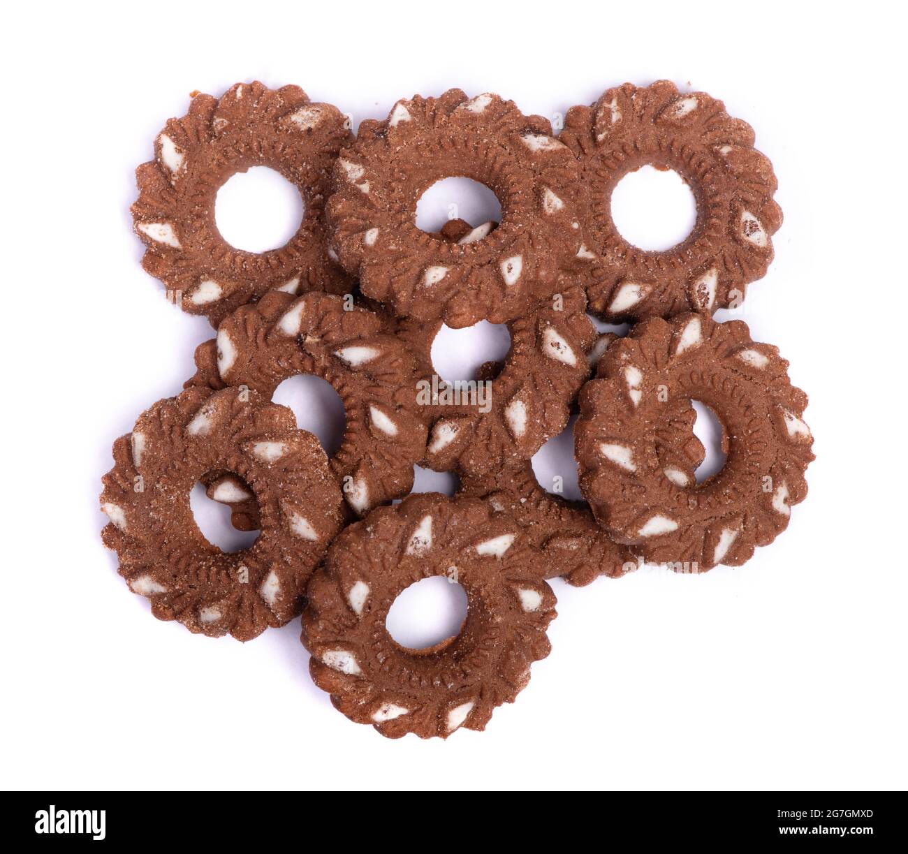 Group of round chocolate cookies with a hole isolated over white background Stock Photo