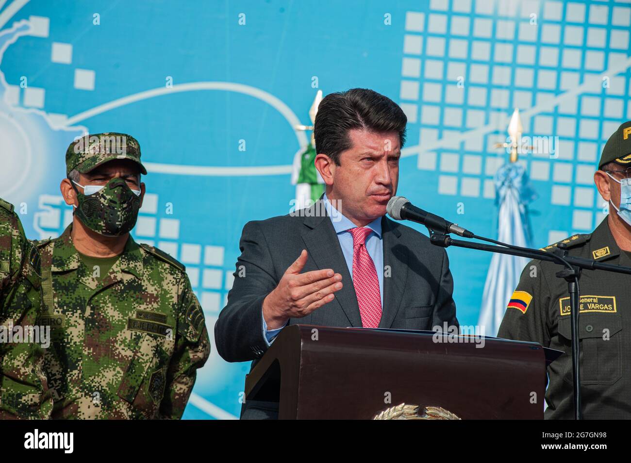 Colombia's minister of Defense Diego Molano speaks during a press conference were the high rank military and police members Major General of the Colom Stock Photo