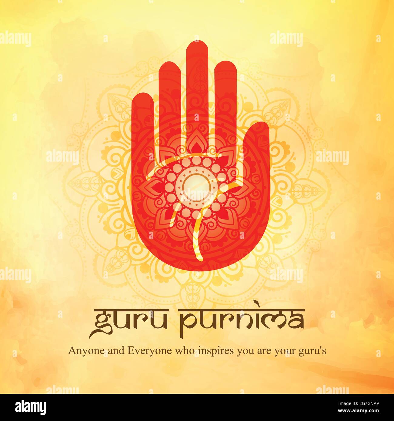 Illustration of Guru Purnima with blessing hand which is decorated with mandala. Background of poster is also decorated with mandala in orange color. Stock Vector