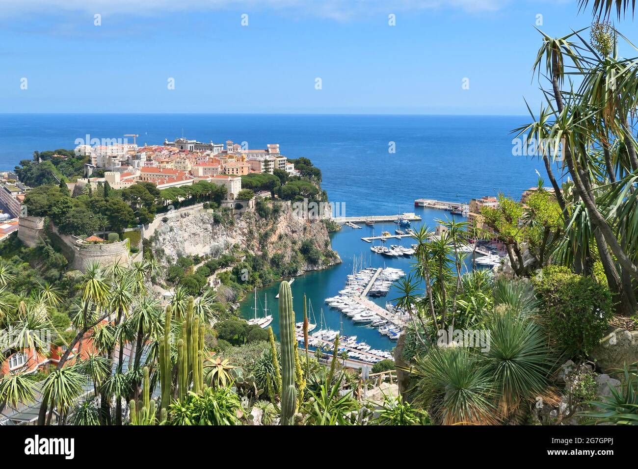 Monaco prince's palace hill and Mediterranean sea view from exotic garden Stock Photo
