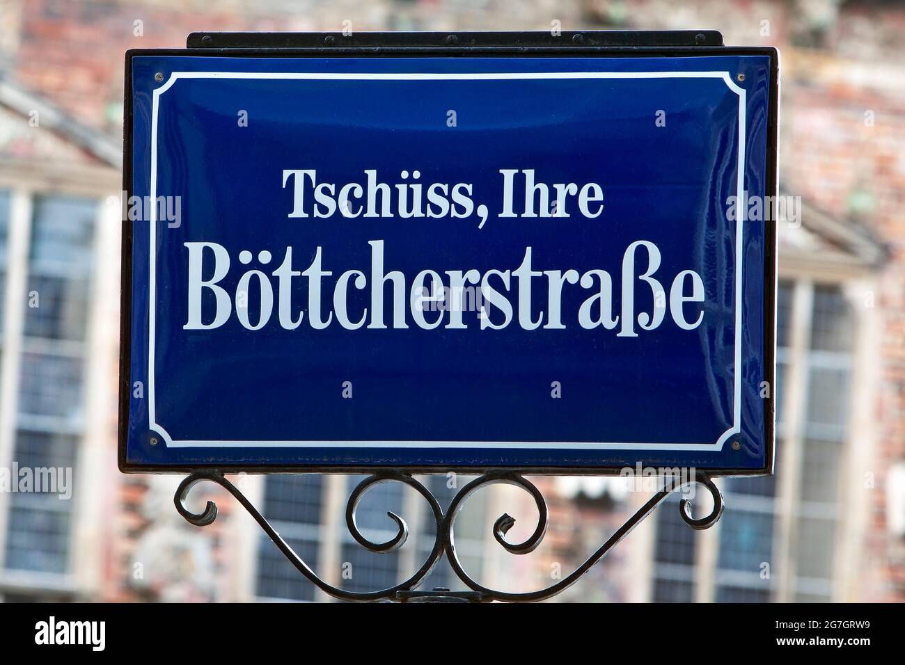 Sign 'Tschuess, Ihre Boettcherstrasse' in Bremen's Old Town, Germany, Bremen Stock Photo
