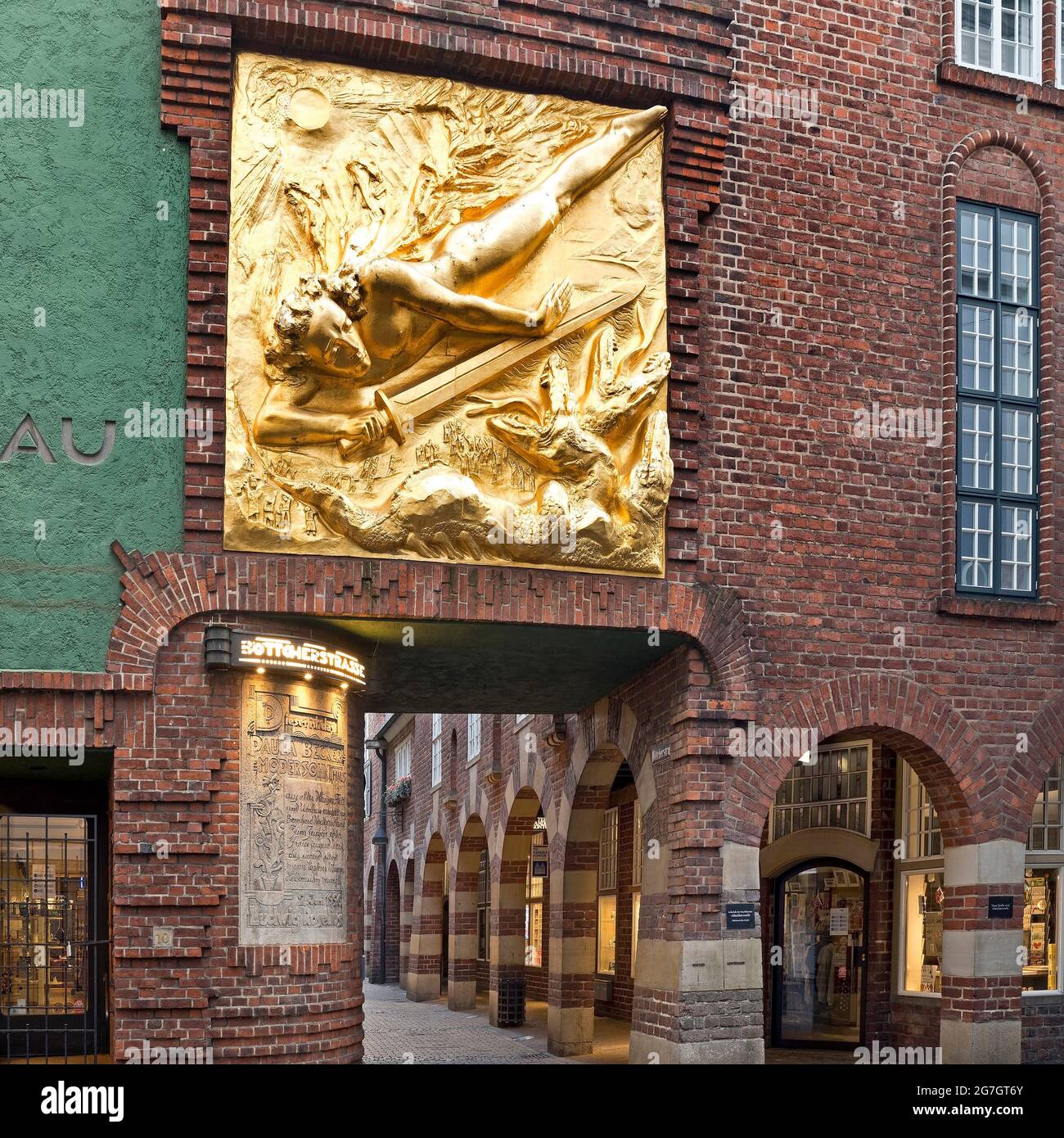 gilded relief on the Paula Becker Modersohn House in Boettcherstrasse, Bringer of Light, Germany, Bremen Stock Photo