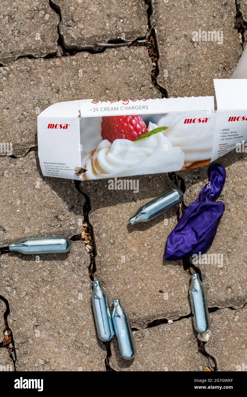 Cream chargers which contained nitrous oxide (laughing gas) and a used