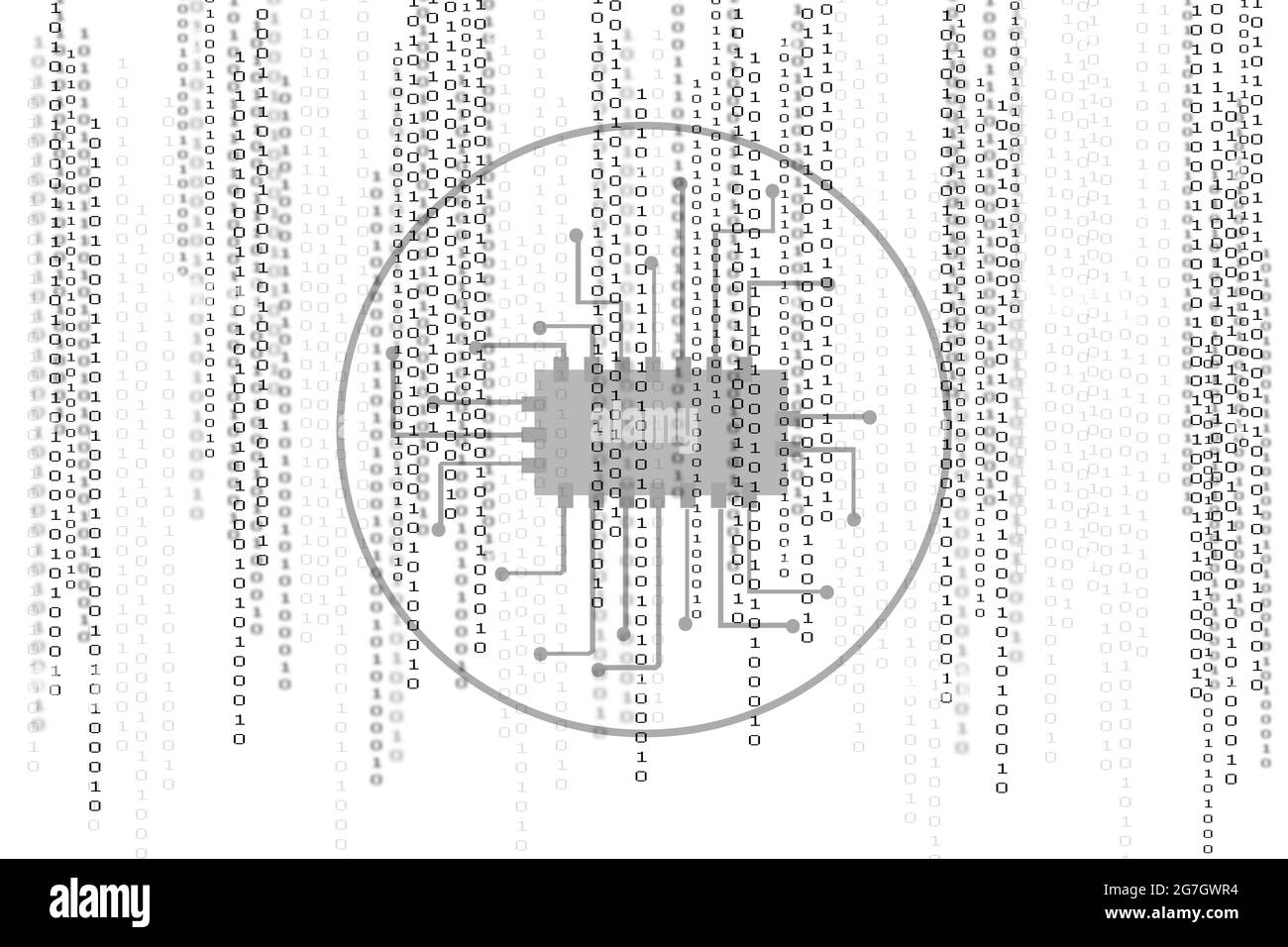 Binary code white background with computer chip, semiconductor, integrated circuit Stock Photo