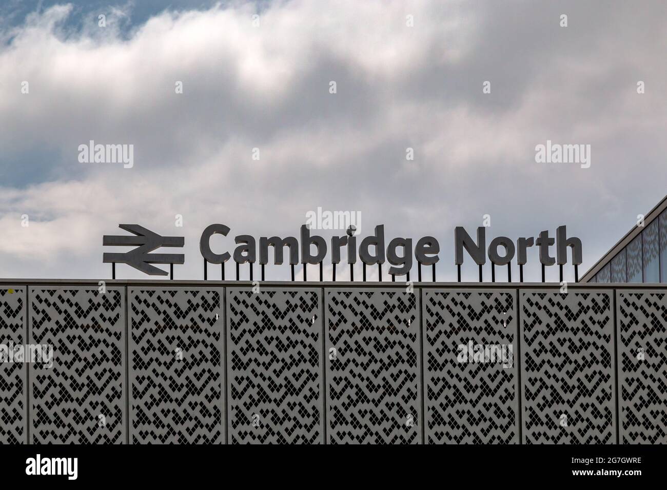 The sign on top of the Cambridge North train station.  Cambridge, UK. Stock Photo