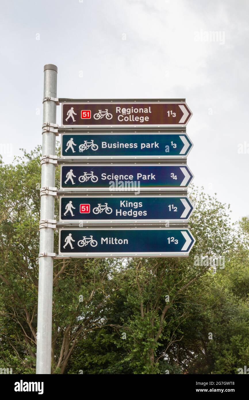 Bicycle and pedestrian direction road sign showing multiple destinations  including National Cycle Network Route 51. Cambridge, UK Stock Photo - Alamy