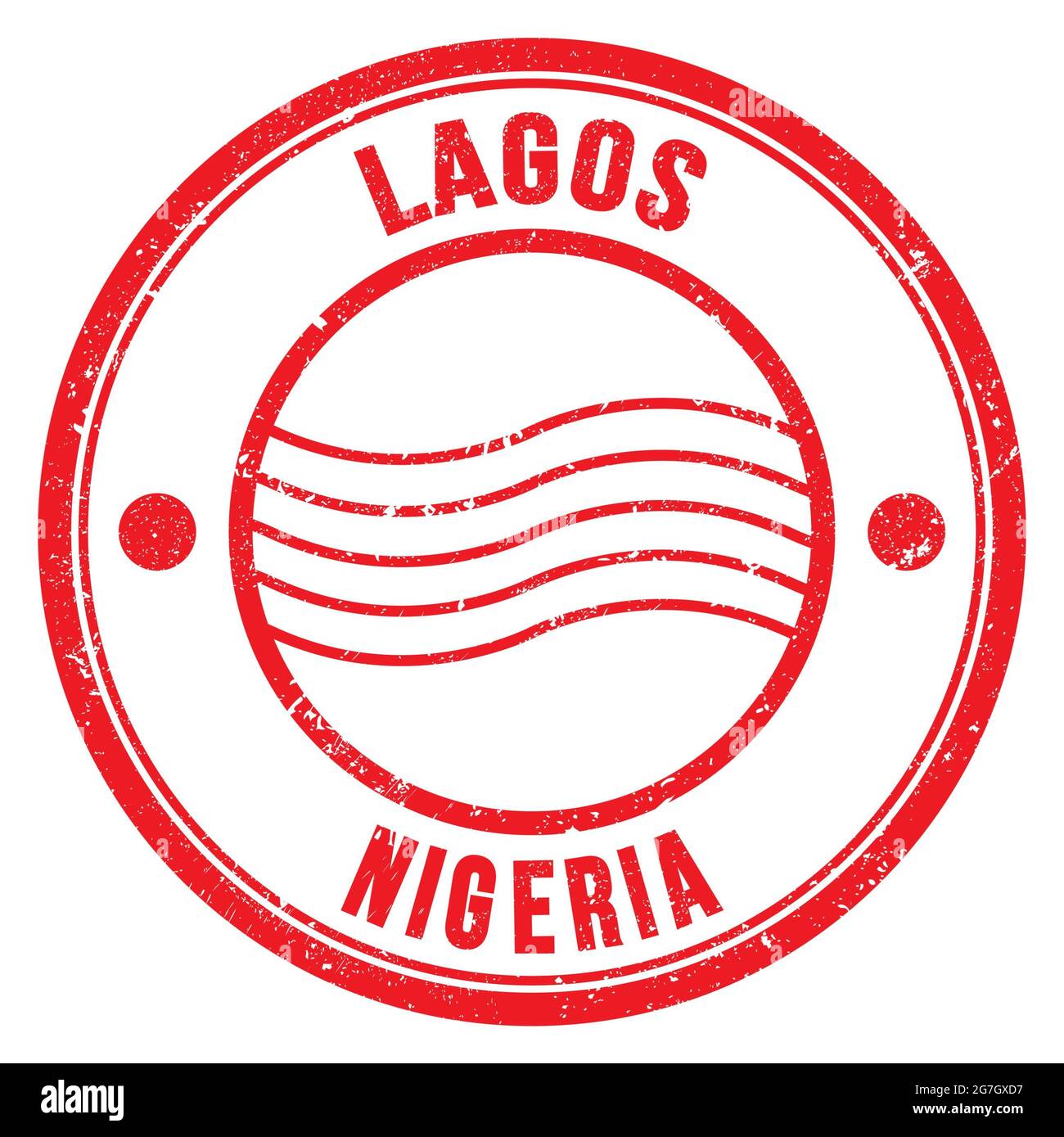 LAGOS NIGERIA, words written on red round postal stamp Stock Photo