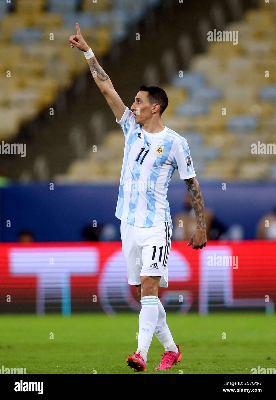 RIO DE JANEIRO, BRAZIL - JULY 10: Angel Di Maria of Argentina celebrates after scores his Goal ,during the Final Match of Copa America Brazil 2021 between Brazil and Argentina at Maracana Stadium on July 10, 2021 in Rio de Janeiro, Brazil. (MB Media) Stock Photo