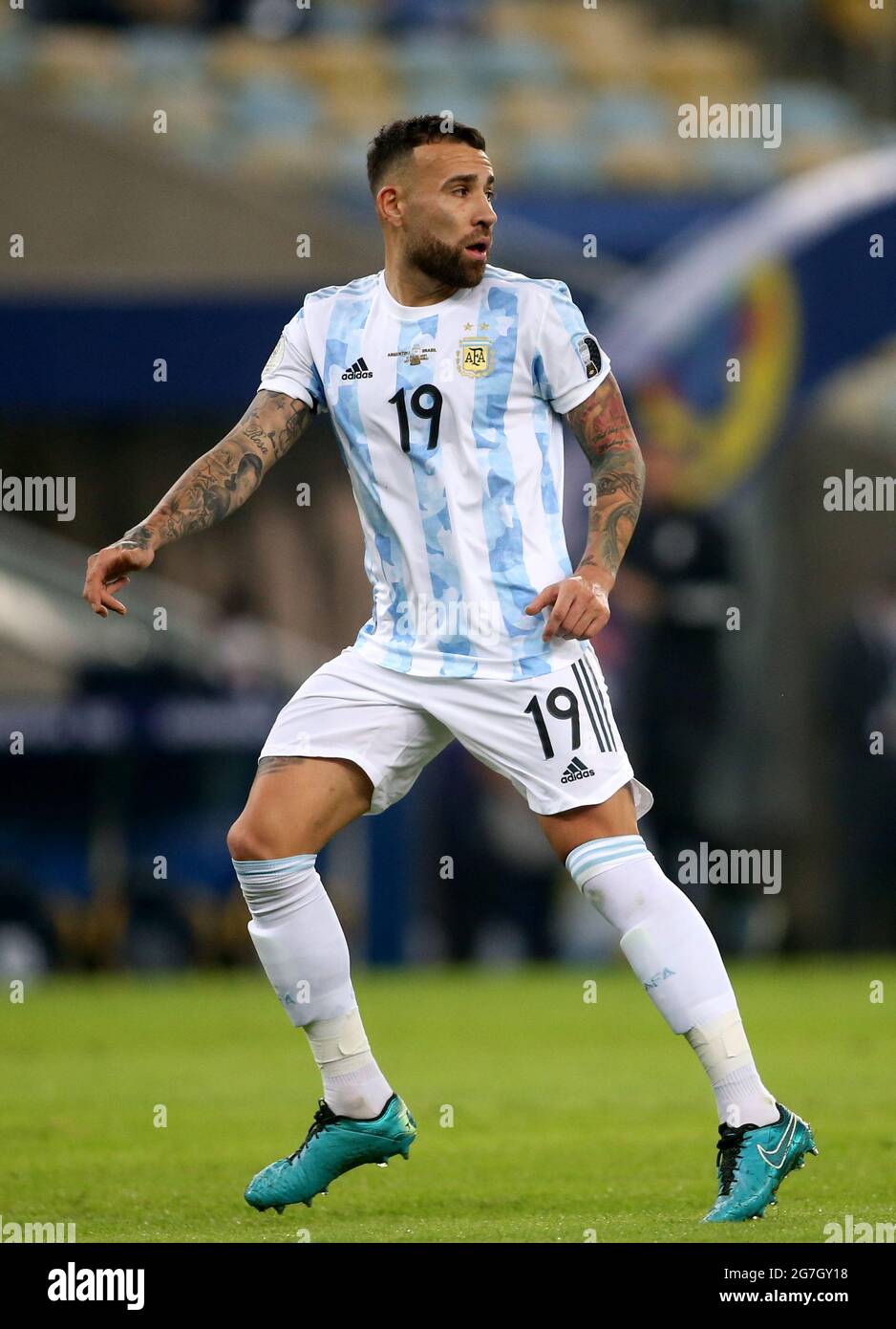 RIO DE JANEIRO, BRAZIL - JULY 10: Nicolas Otamendi of Argentina in action ,during the Final Match between Brazil and Argentina at Maracana Stadium on July 10, 2021 in Rio de Janeiro, Brazil. (MB Media) Stock Photo