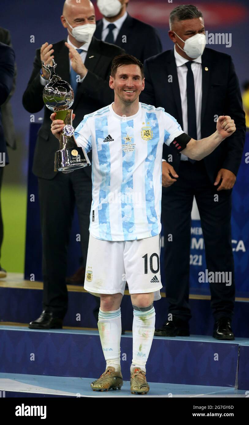 RIO DE JANEIRO, BRAZIL - JULY 10: Lionel Messi of Argentina lift the Top Award Trophy after winning the Final of Copa America Brazil 2021 ,during the Final Match between Brazil