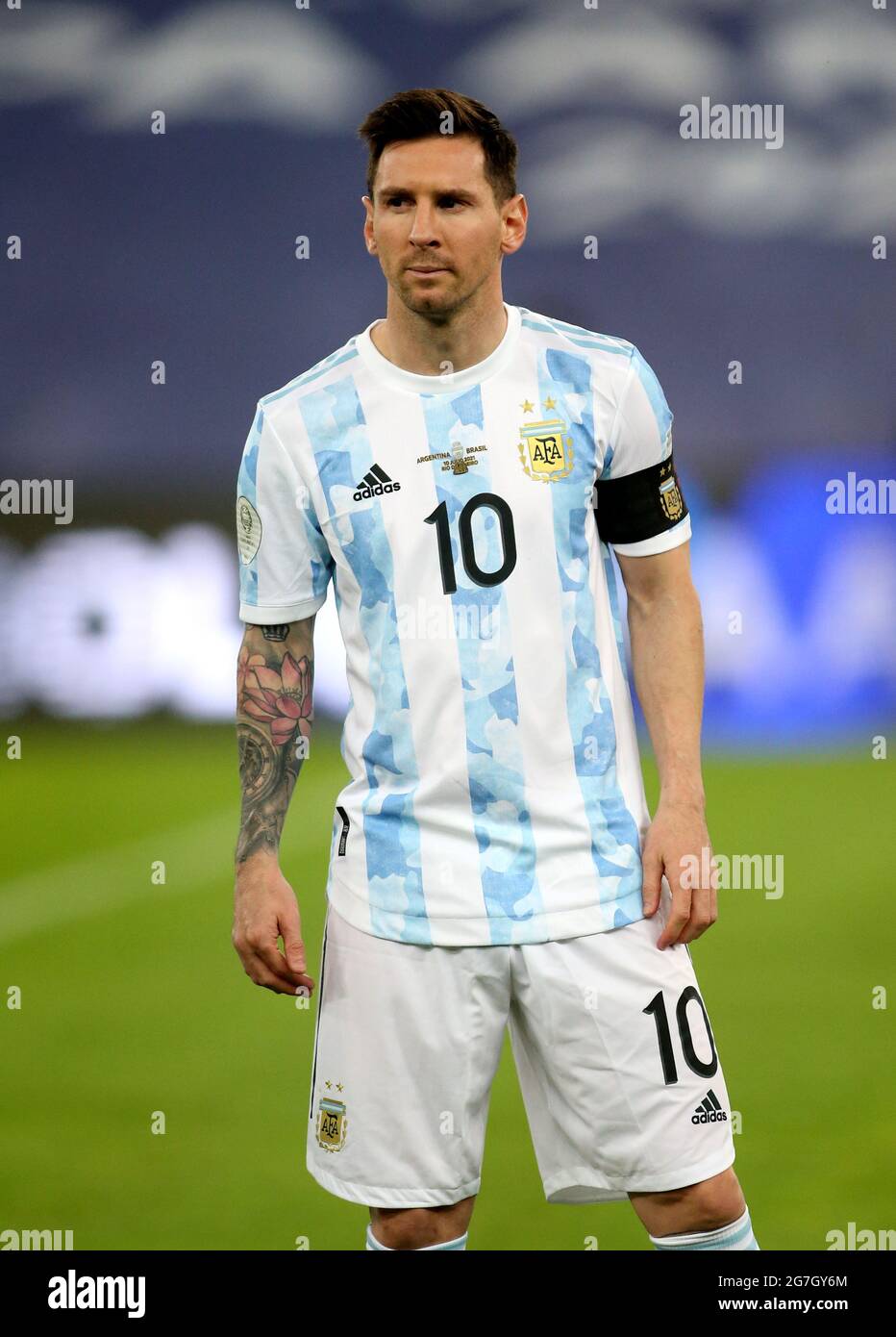 RIO DE JANEIRO, BRAZIL - JULY 10: Lionel Messi of Argentina looks on ,during the Final Match between Brazil and Argentina at Maracana Stadium on July 10, 2021 in Rio de Janeiro, Brazil. (MB Media) Stock Photo