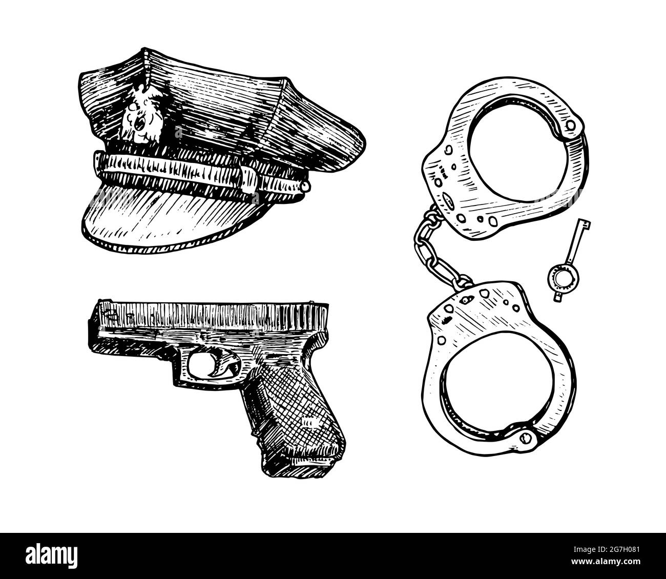 Vintage US American police officer 8 point visor hat, Glock 22, Handcuffs and key,  gravure style ink drawing illustration isolated on white Stock Photo