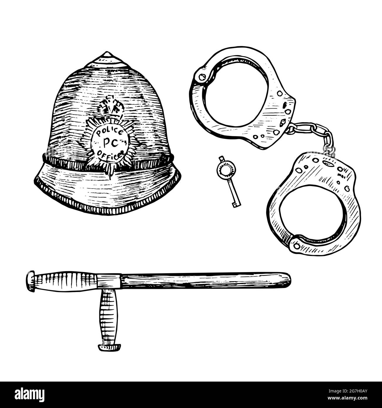 The custodian helmet (British Bobby police hat), Handcuffs and key, Police baton (truncheon or nightstick),  gravure style ink drawing illustration is Stock Photo