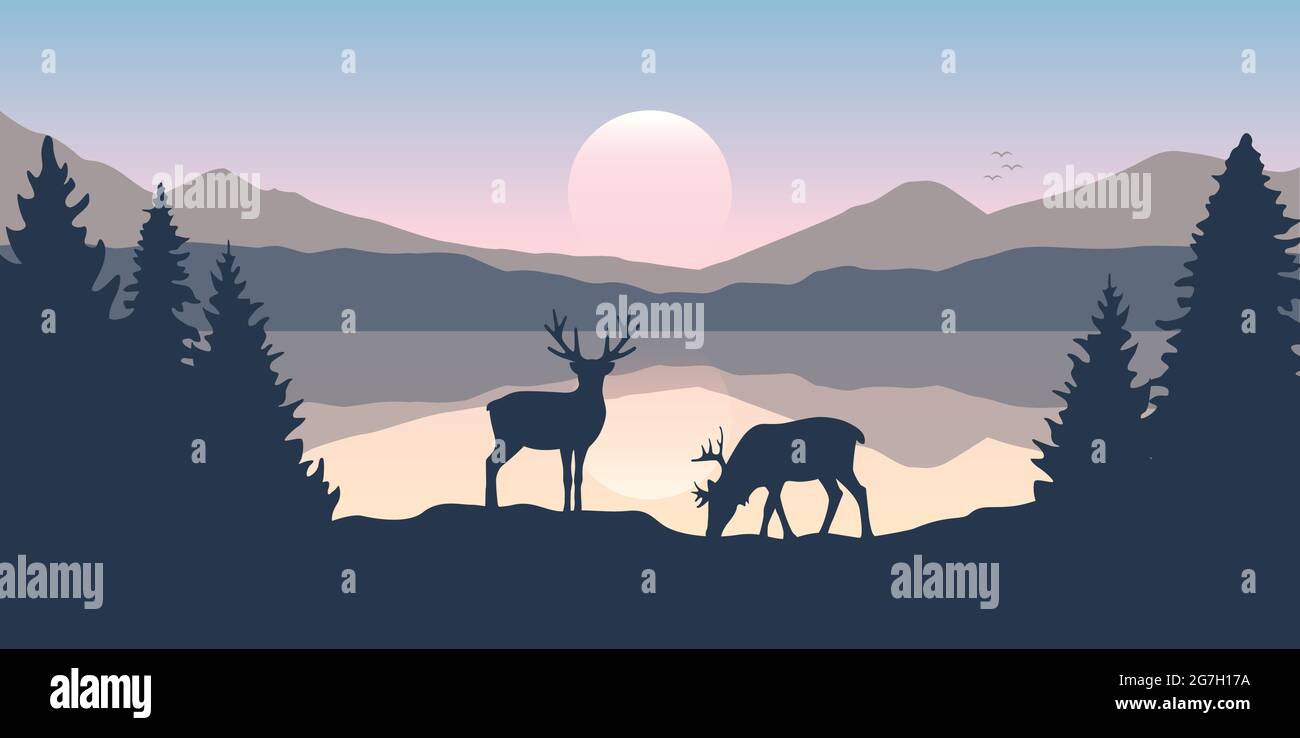 two moose in wildlife at beautiful lake in the mountains Stock Vector
