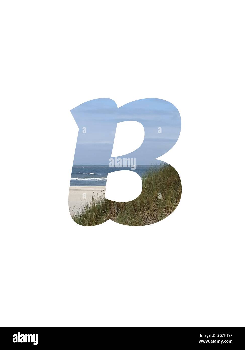 Letter B of the alphabet made with a landscape with beach, sea, blue sky and dunes, isolated on a white background Stock Photo