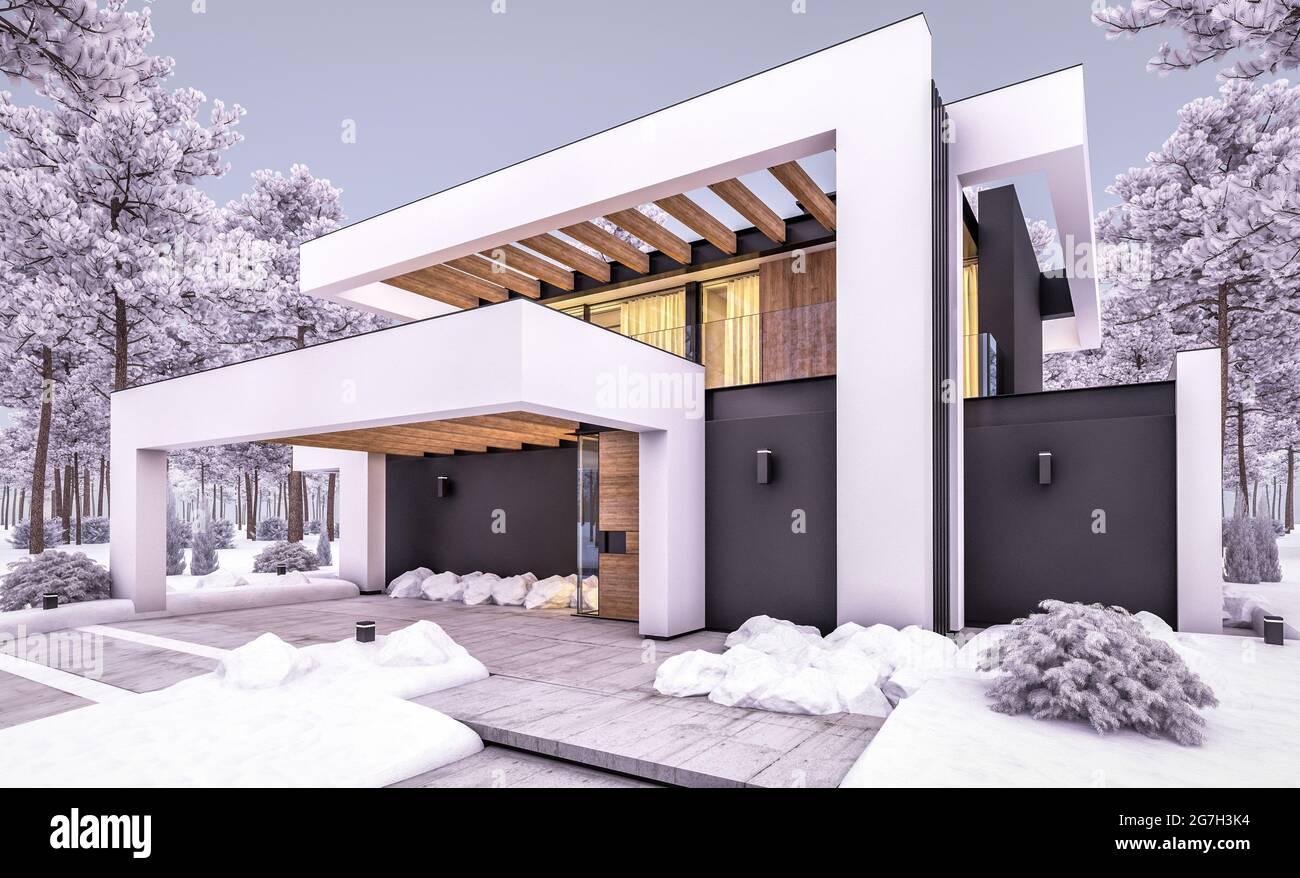 3d rendering of modern cozy house with pool and parking for sale or ...