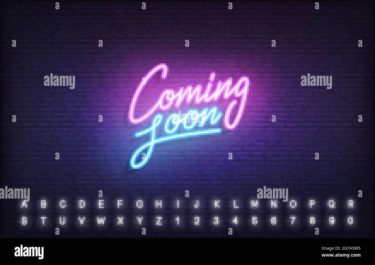 Coming Soon neon template. Glowing neon lettering Coming Soon sign Stock Vector