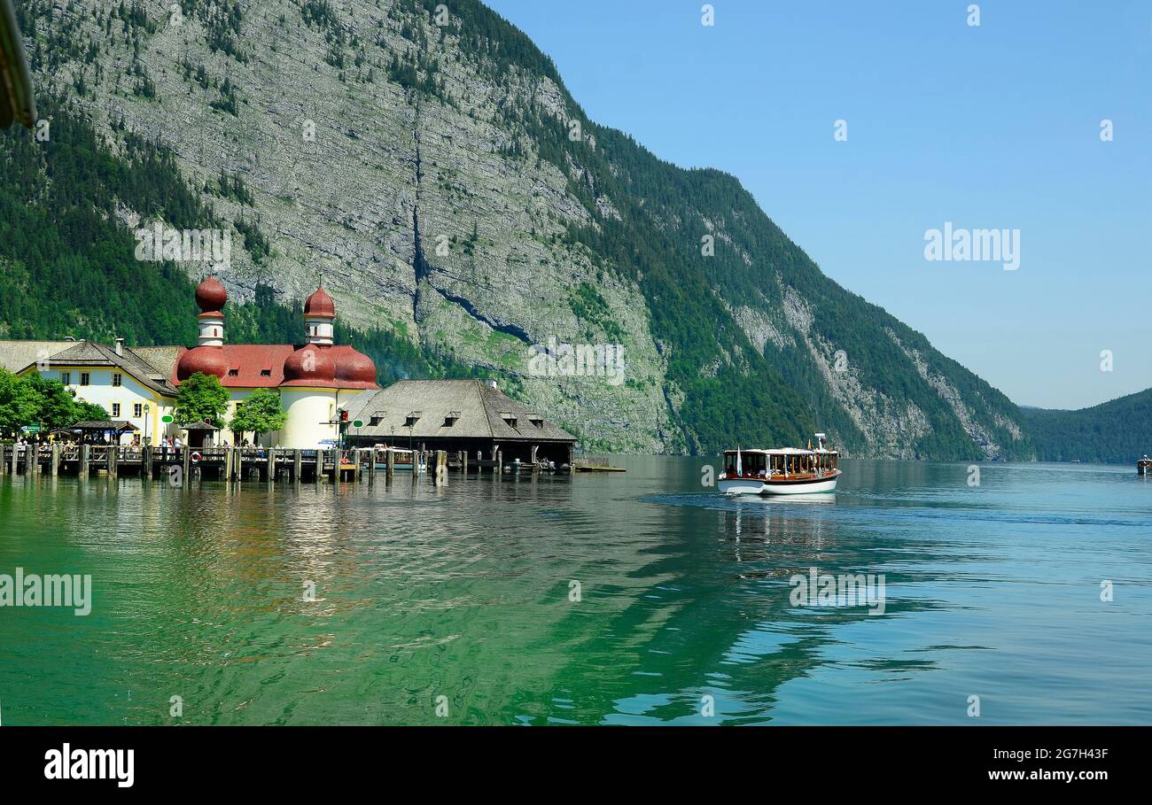 Germany, pilgrimage church St. Bartholomae on Koenigssee lake, a preferred tourist attraction reachable only by boat Stock Photo