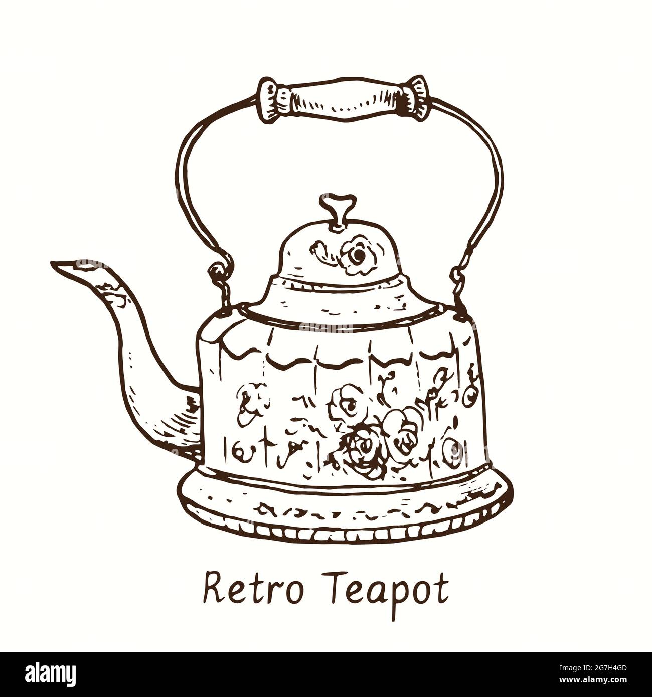 Retro teapot with floral decor. Ink black and white drawing outline