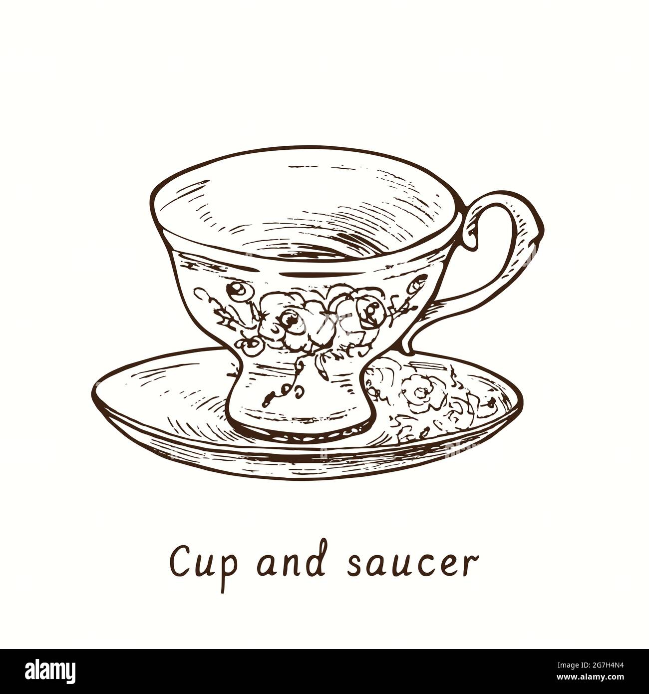 Cup and saucer with floral decor. Ink black and white drawing outline  illustration Stock Photo - Alamy