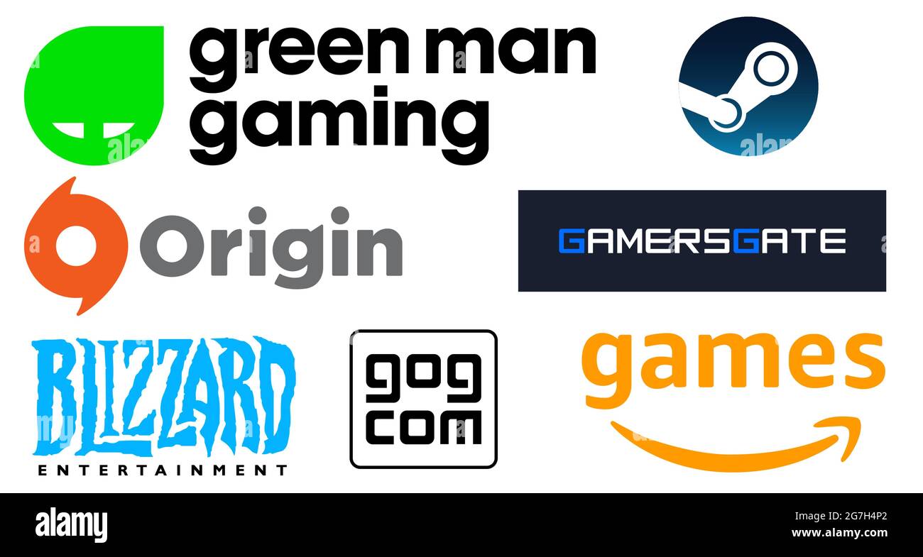 Vinnytsia, Ukraine - July 14, 2021. Top 7 PC Game Digital Download  Services. Steam, Green Man Gaming, GamersGate, GOG.com, Origin,   Gaming Blizzard Entertainment Stock Vector