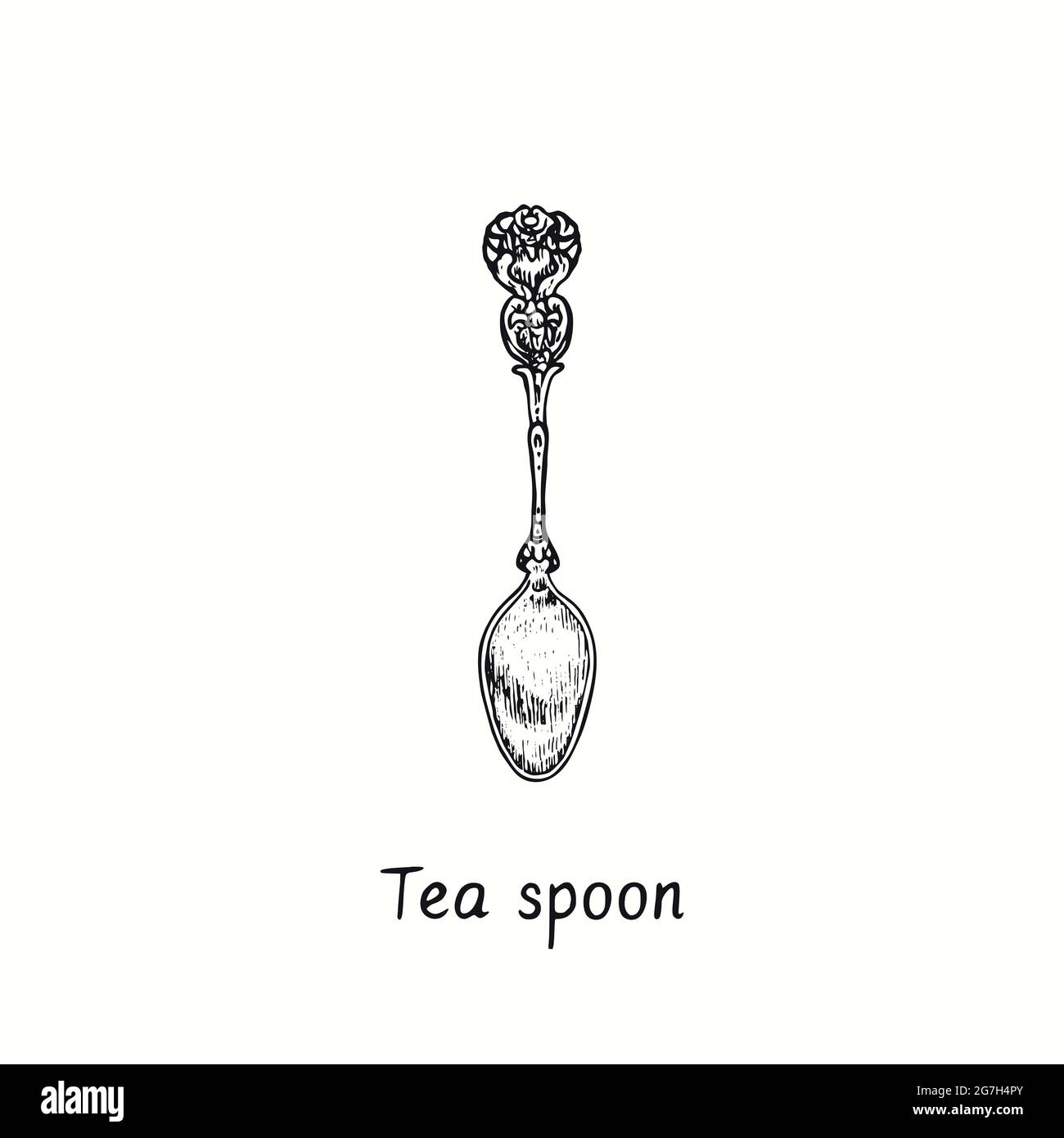 Tea spoon with retro style decor. Ink black and white drawing woodcut