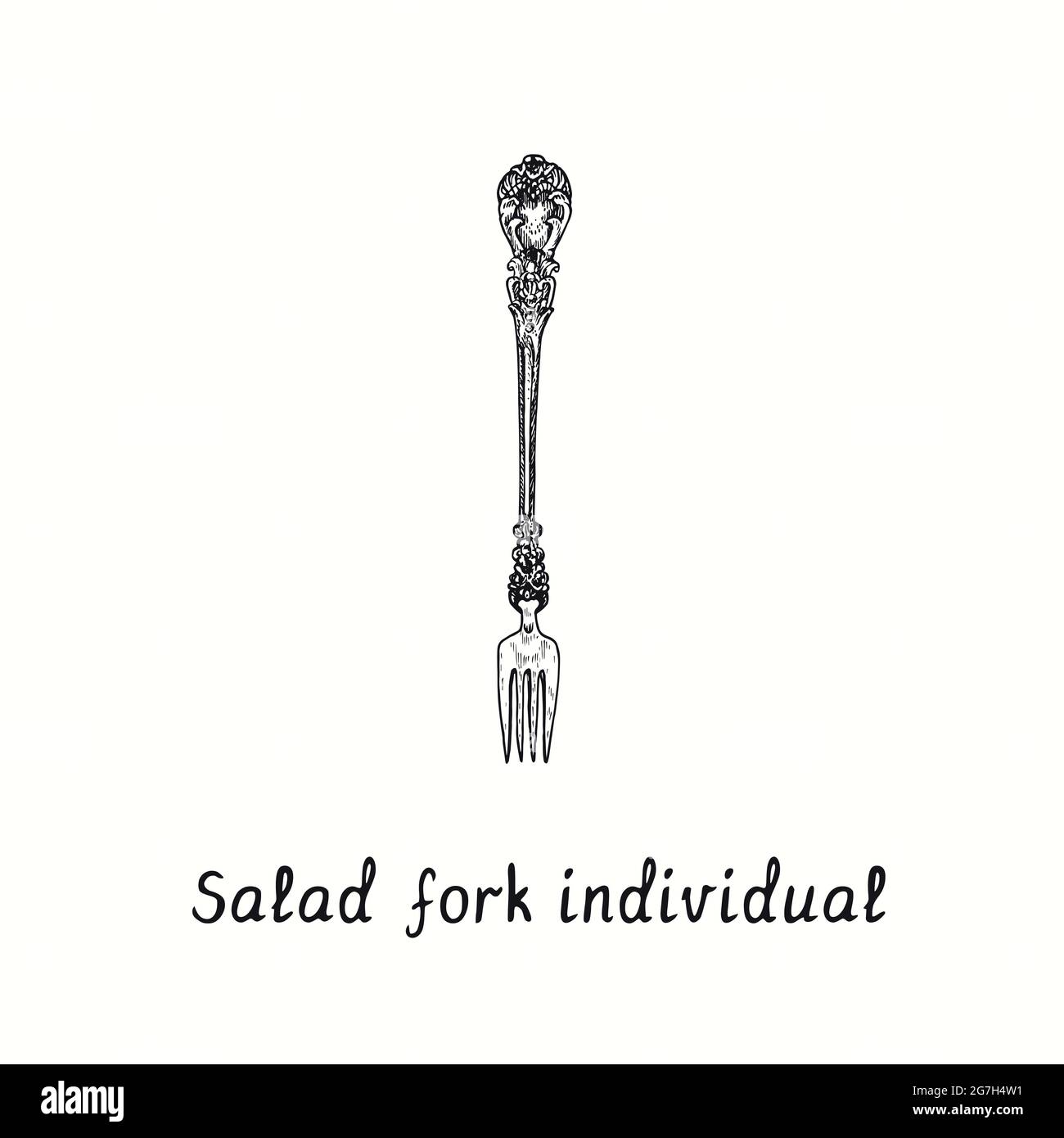 Salad fork individual with retro style decor. Ink black and white