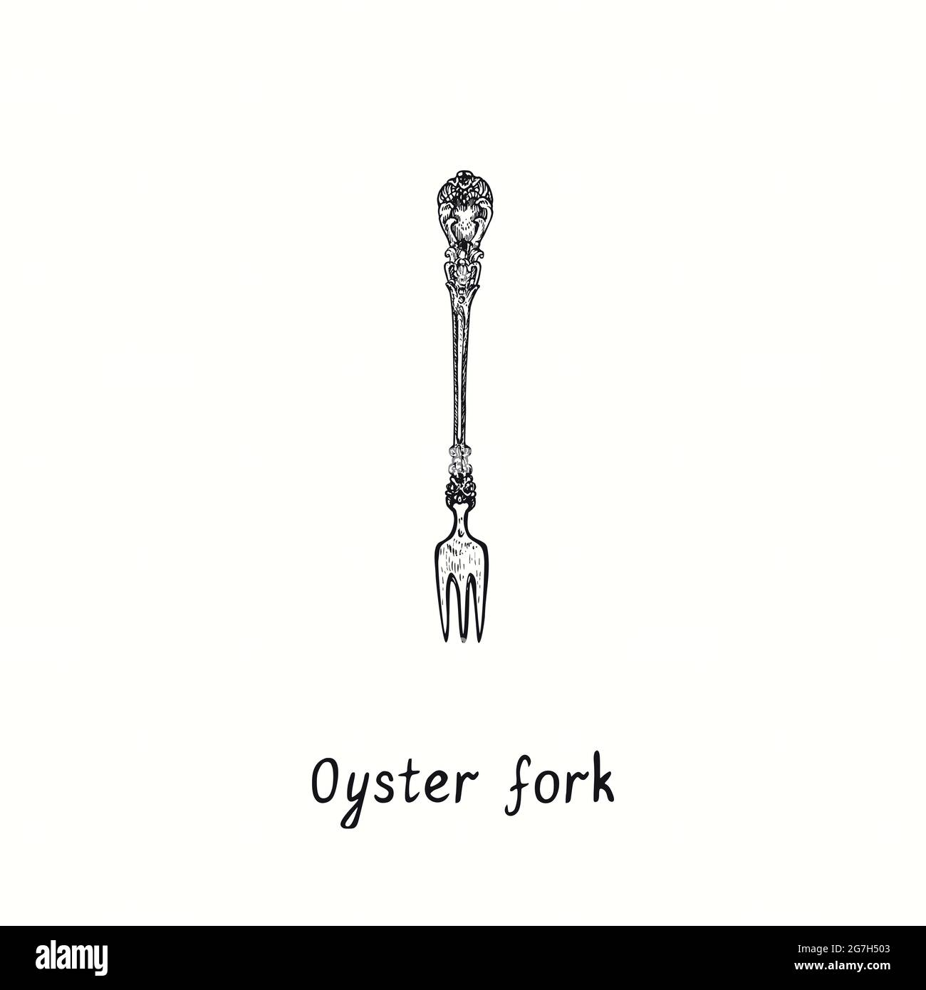Oyster fork with retro style decor. Ink black and white drawing woodcut
