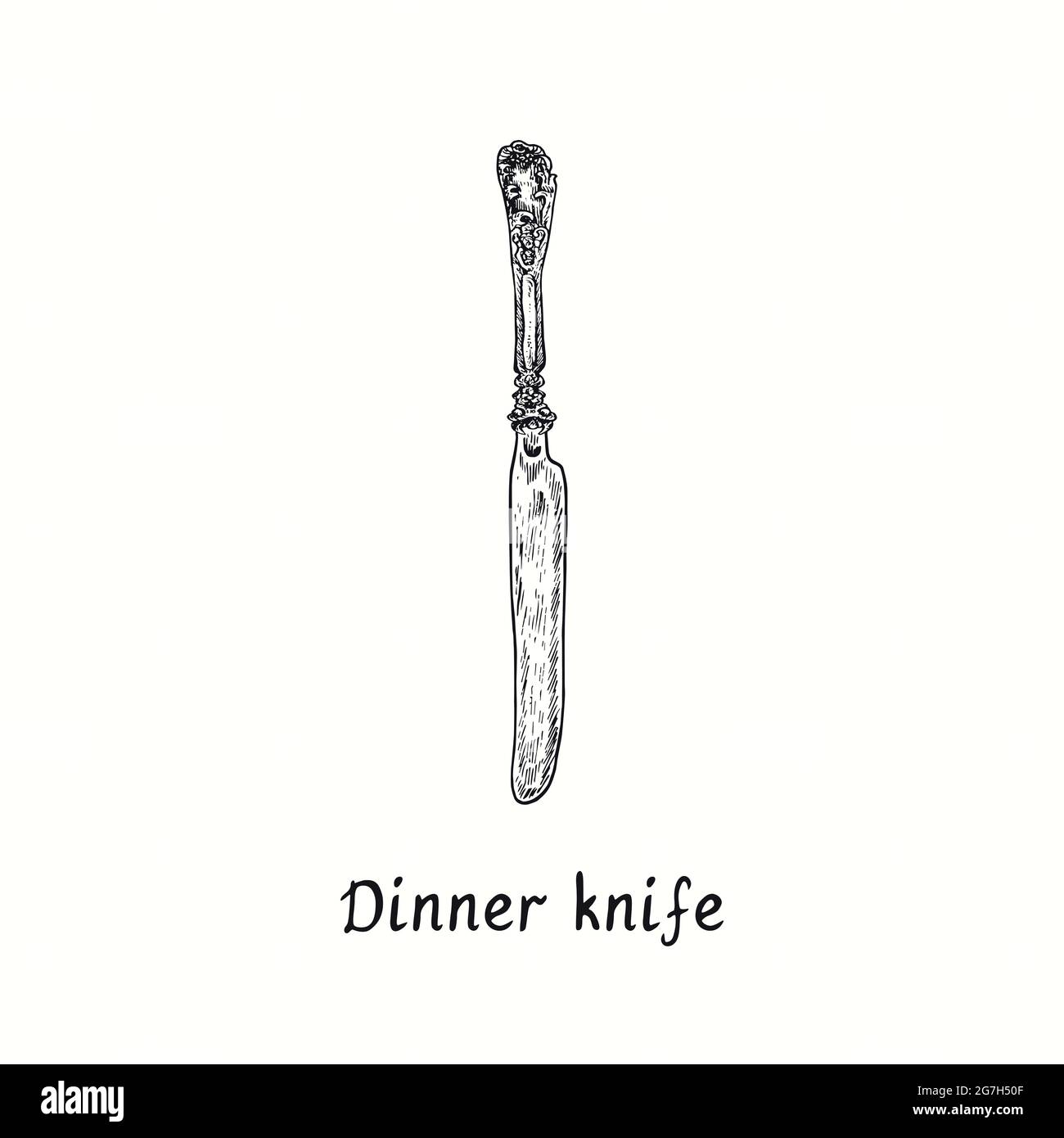 Dinner knife with retro style decor. Ink black and white drawing woodcut  vintage style illustration Stock Photo - Alamy