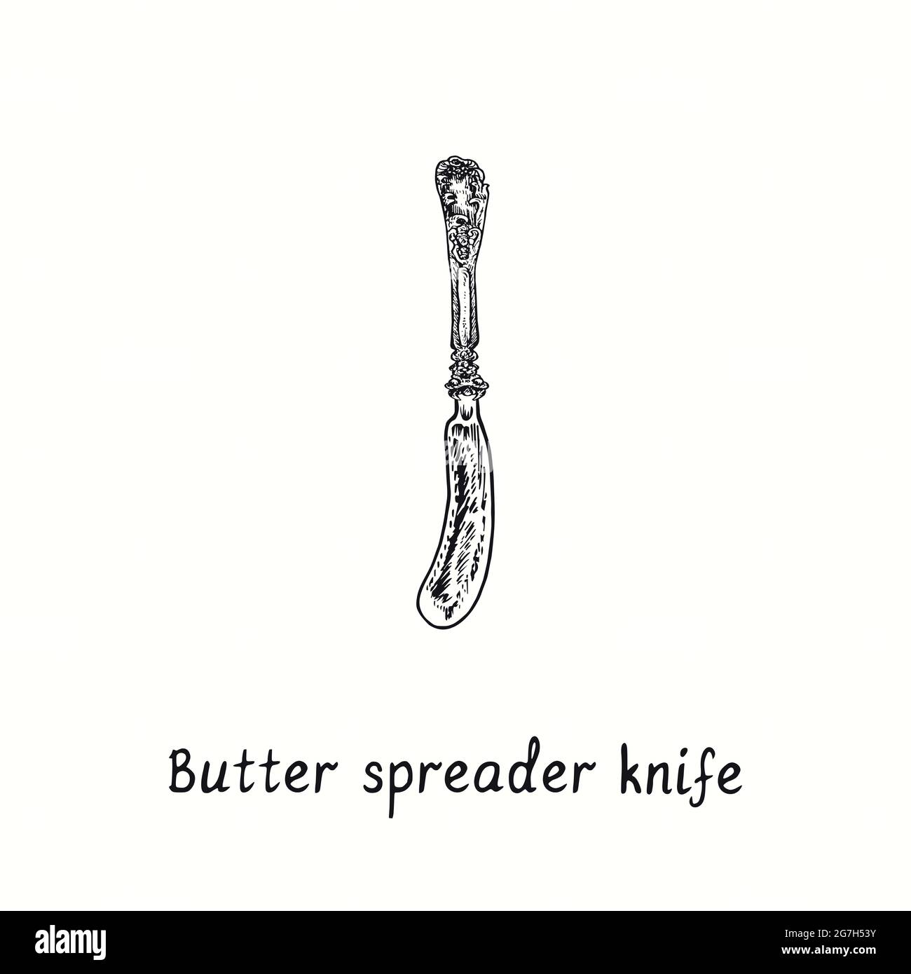 Butter spreader knife with retro style decor. Ink black and white